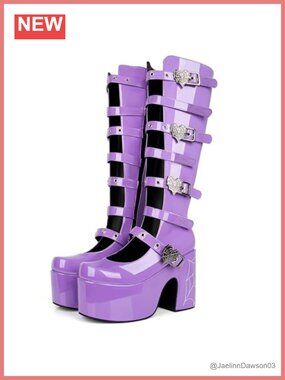 Gothic Lolita Platform Knee High Boots Chunky Heeled Combat Motorcycle Buckle